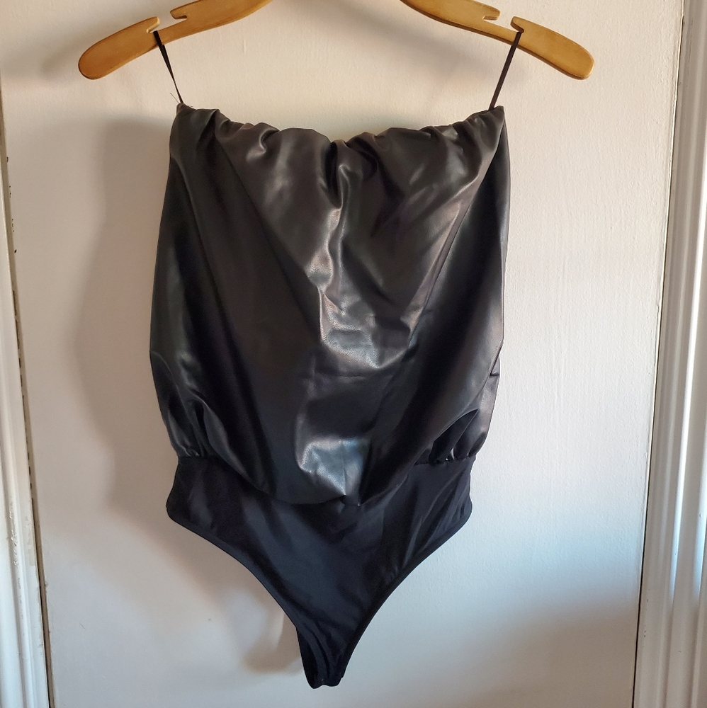 Wolford Revolve Faux Leather BodySuit Size XS Tube Top Grunge Festival Alt club - Picture 2 of 12